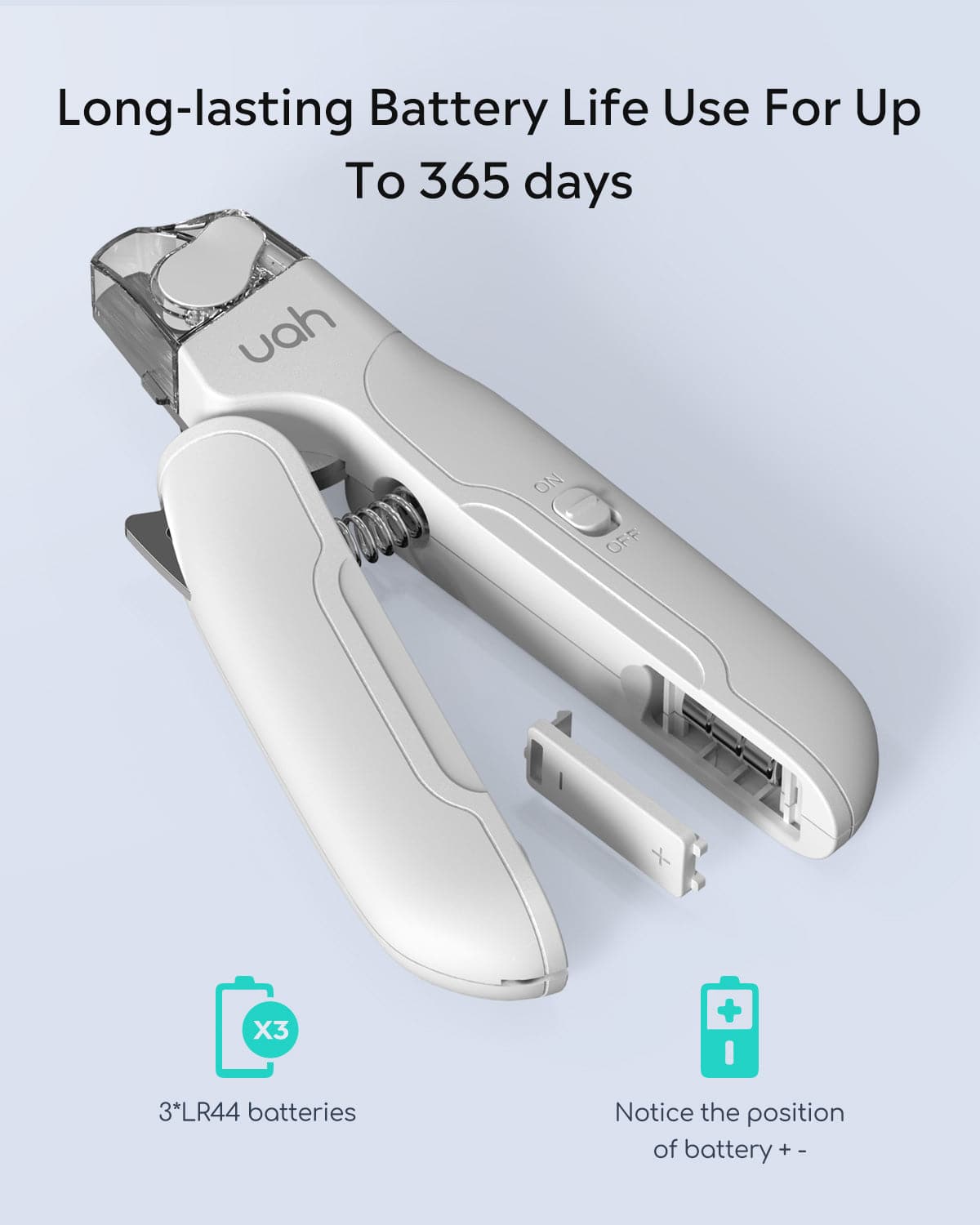 uahpet's cat nail trimmer battery life lasts up to one year