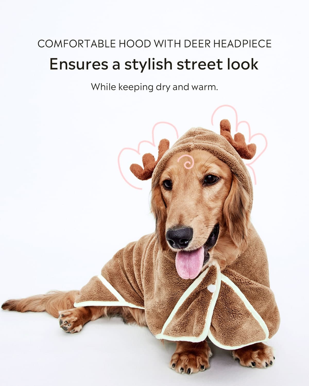 golden retriever looks so cute wearing the deer headpiece pet bathrobe