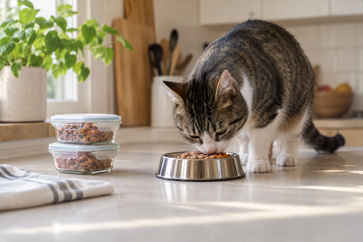 Cat eating fresh wet food beside sealed meal-sized portions