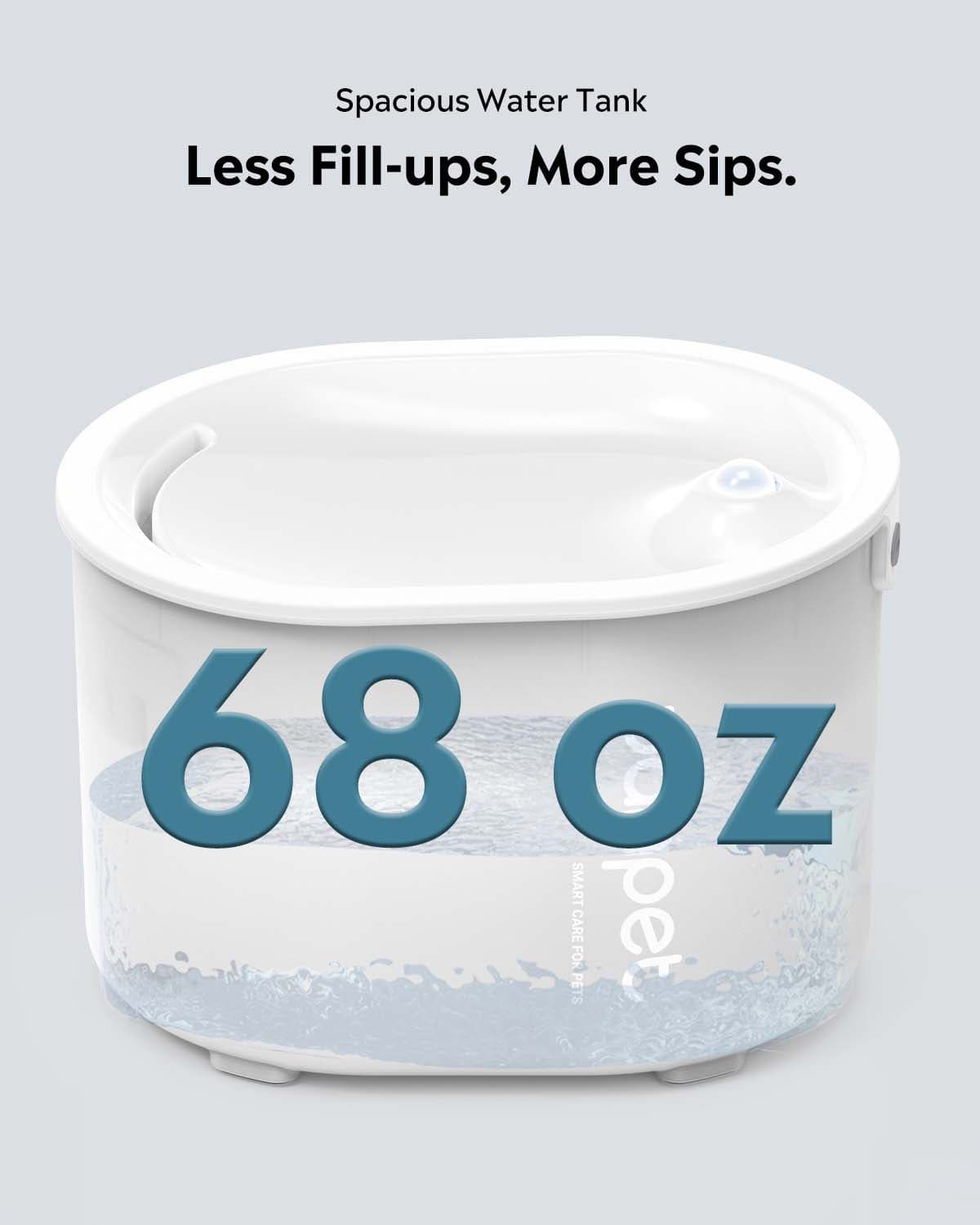 Uahpet GLOW wireless pet water fountain has 68 oz capacity.