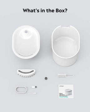 The box of Uahpet GLOW wireless pet water fountain will have these things in it.