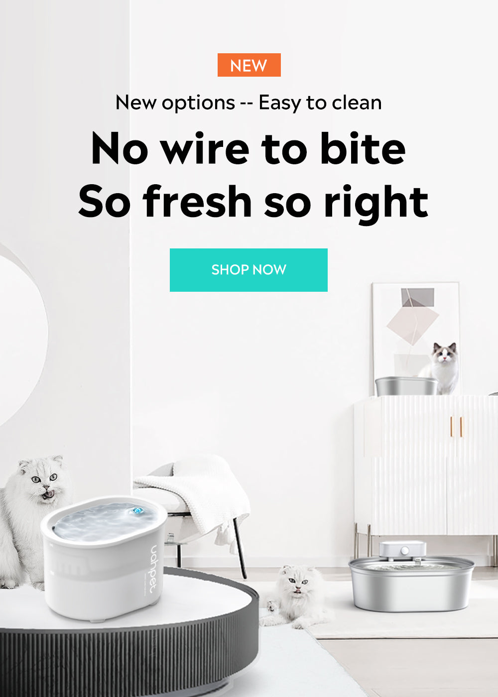 no wire to bite, wireless water fountains for cats