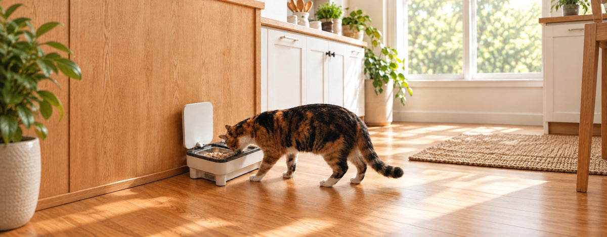 Cat beside the UAHPET fresh food automatic pet feeder