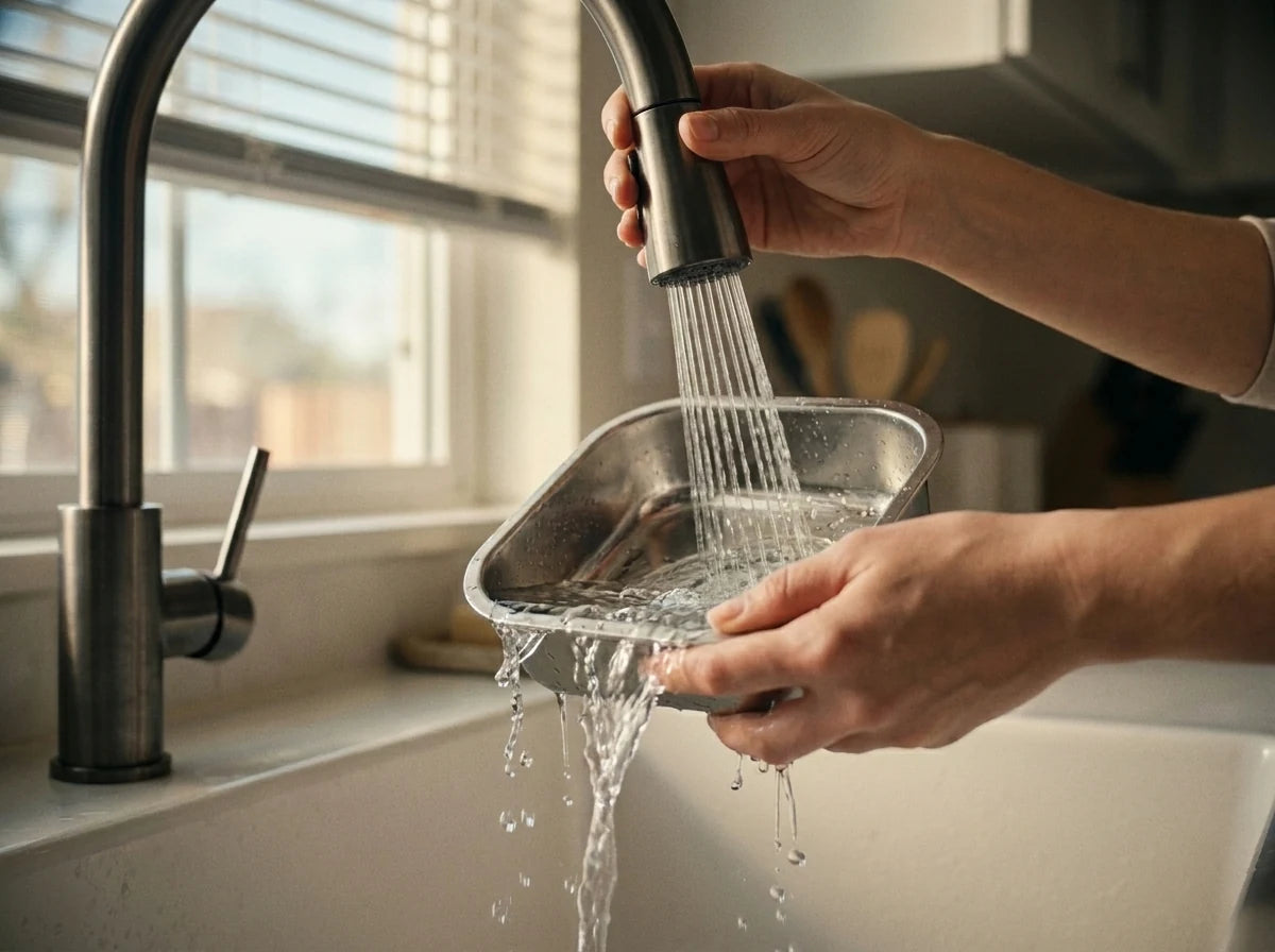 Rinsing the removable UAHPET stainless steel feeder bowl