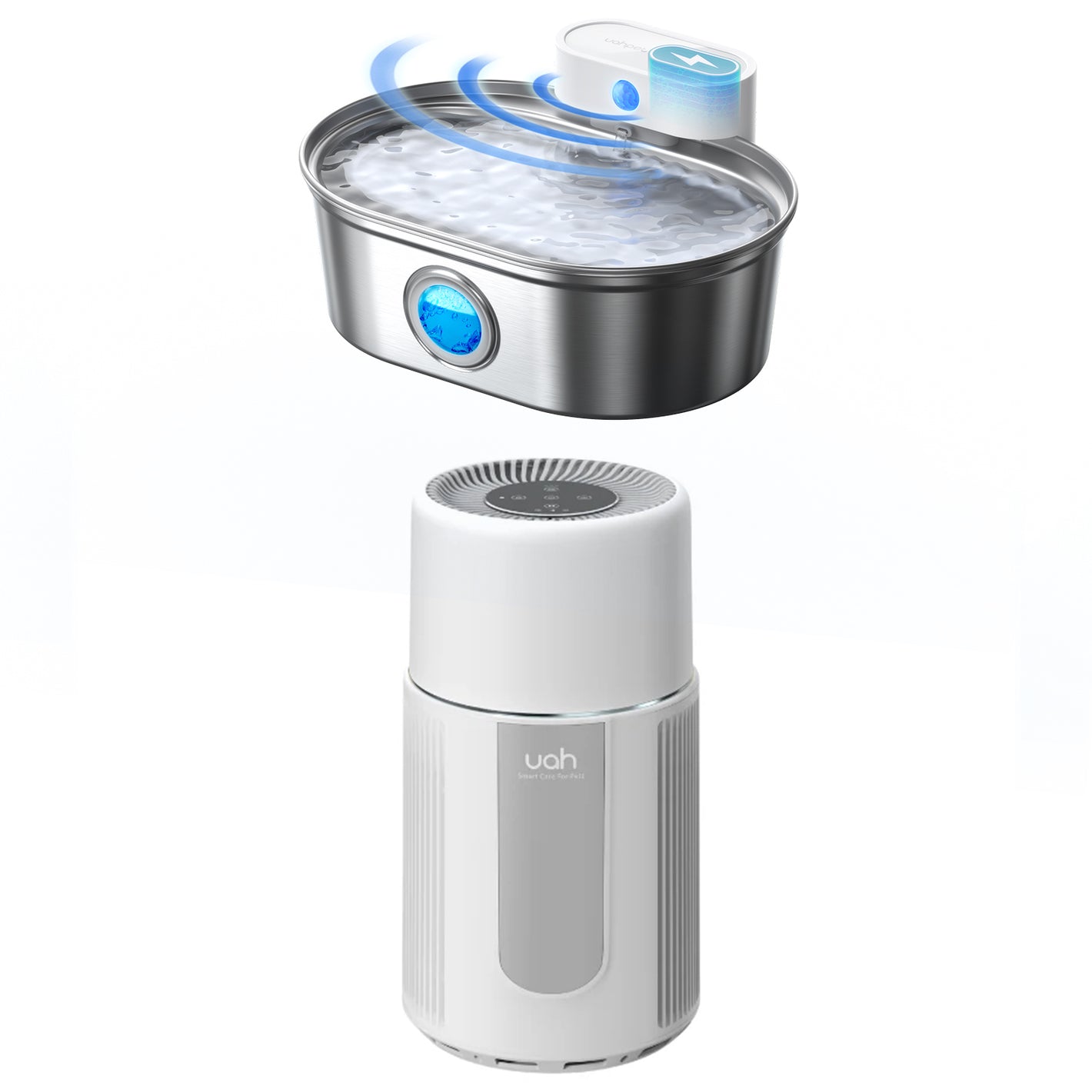 UAHPET Stainless Steel Cat Fountain Pro and Pet Air Purifier Cat Care Set