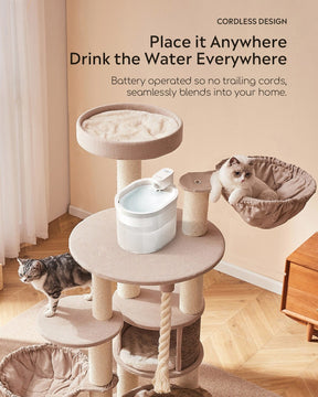 YSJ, 6PCS YSJ, The ZERO cordless fountain is placed on a cat tree and two cats are chilling on the cat tree, Cat water dispenser